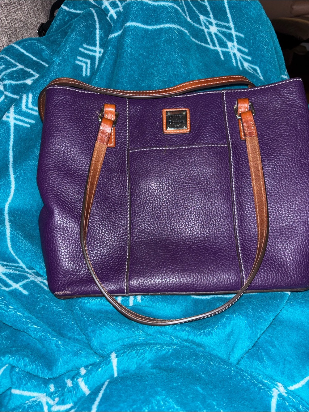 Dooney & Bourke Purple Pebbled Leather Shoulder Bag with Brown Trim